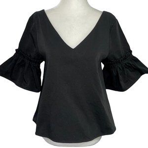 New Hers & Mine Double V Neck Ruffle Short Sleeve Shirt Black Size Small